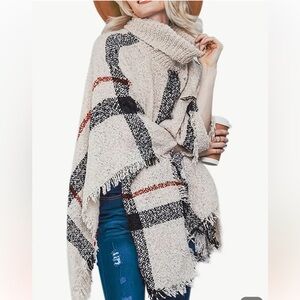 🍂 Plus Size Plaid Turtleneck Knitted Cape Coat, Casual Tassel Trim